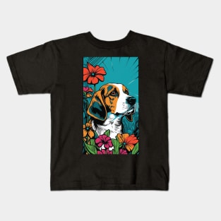 Beagle Dog Vibrant Tropical Flower Tall Retro Vintage Digital Pop Art Portrait 4 Kids T-Shirt